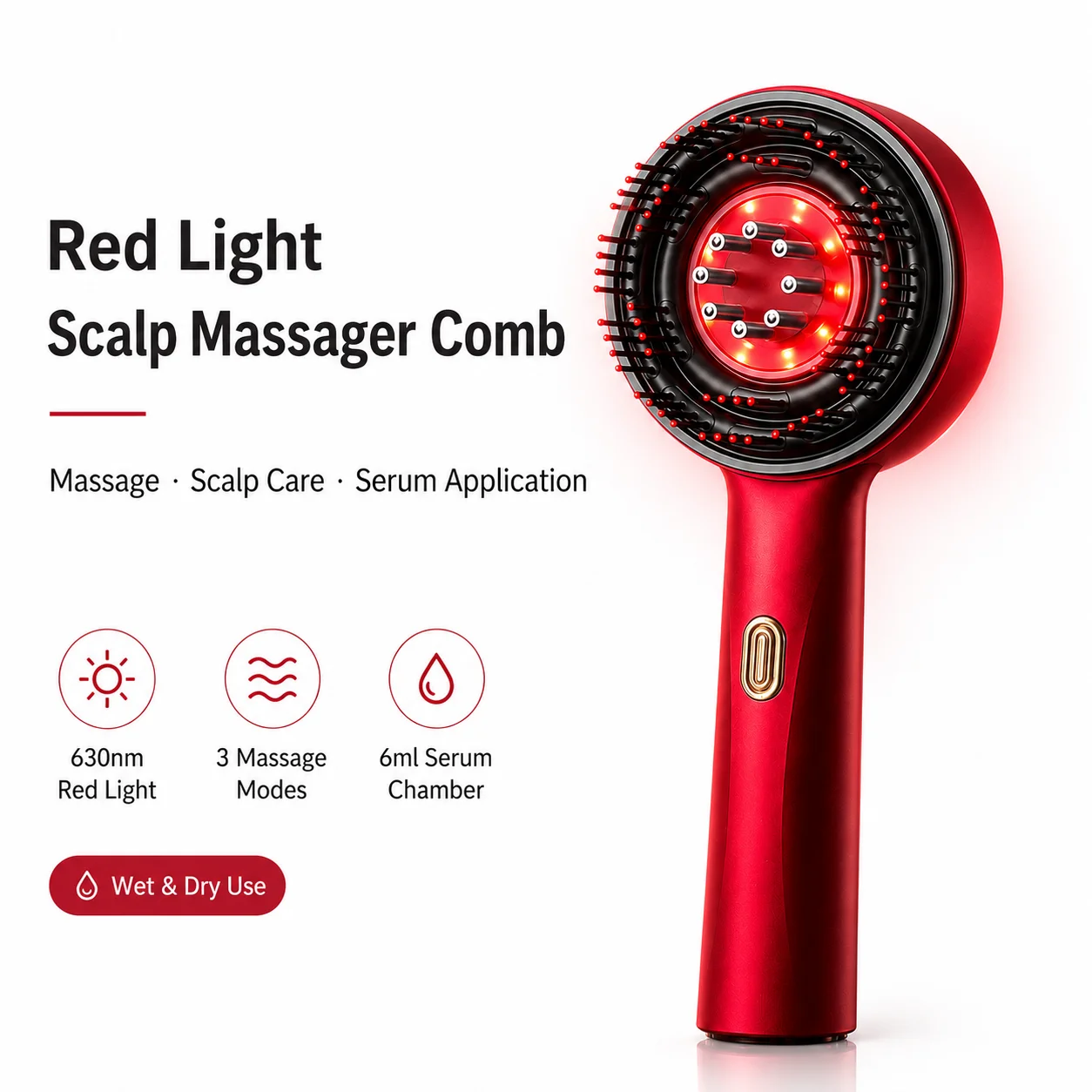Hair Care Serum - Rotlicht-Kopfhautmassagegerät 630nm LED Haarpflegebürste Elektrisches Kopfmassagegerät
